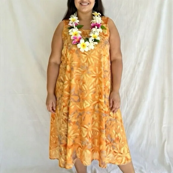 Handmade Tropical Earth Tones Island Wear 100% Rayon Sleeveless Midi Dress - Picture 4 of 8